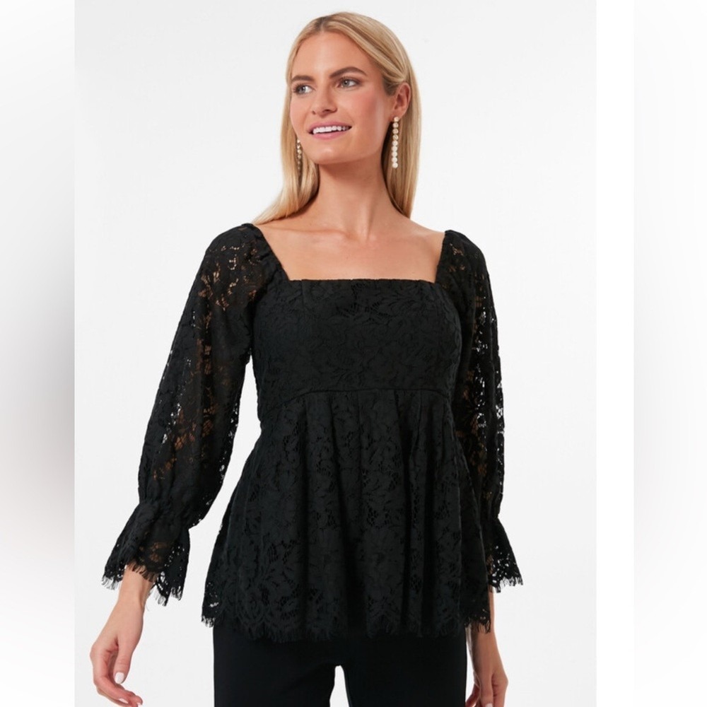 Pomander Place Top Womens XXL Black Daniella Lace Square Neck Puff Sleeve